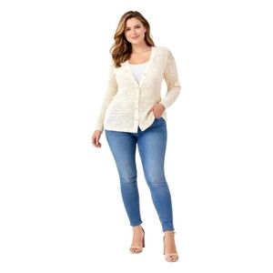 DKNY Jeans XL Cream Open Knit Cardigan Sweater V-Neck Button Front Lightweight